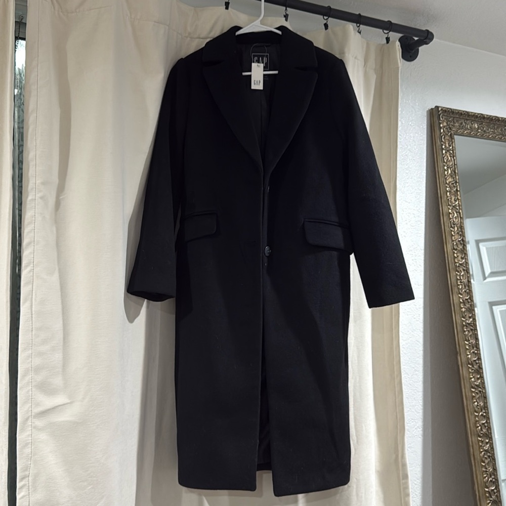 GAP floor length black wool trench NWT
